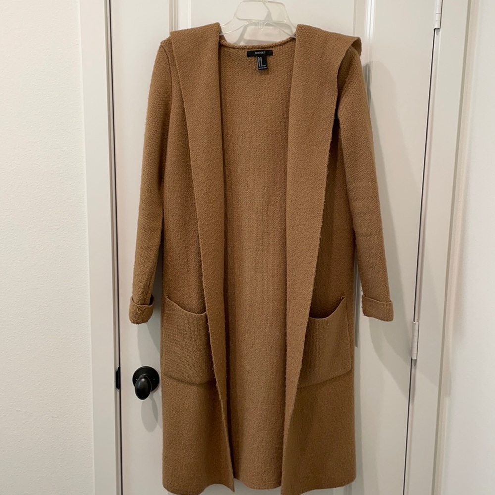 Forever 21 Camel Brown Hooded Long Cardigan